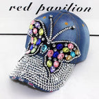 Women's Rhinestone Butterfly Denim Baseball Cap Adjustable Snapback