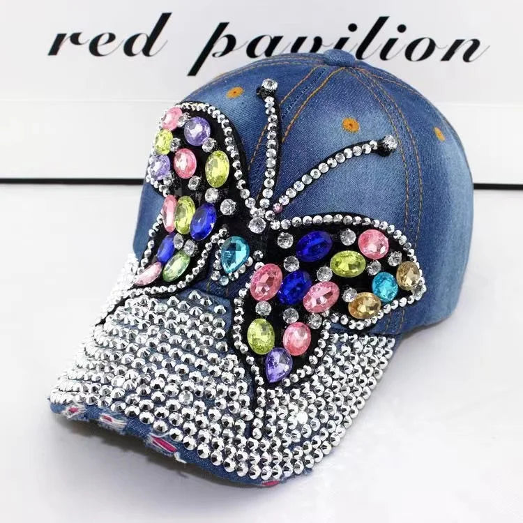 Women's Rhinestone Butterfly Denim Baseball Cap Adjustable Snapback