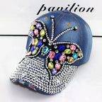 Women's Rhinestone Butterfly Denim Baseball Cap Adjustable Snapback