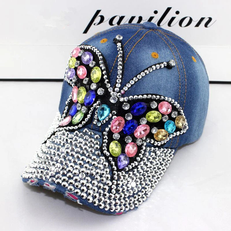 Women's Rhinestone Butterfly Denim Baseball Cap Adjustable Snapback