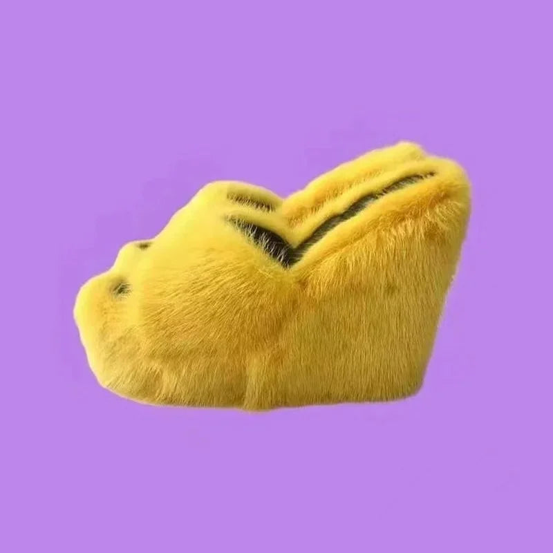 Women's Trendy Furry Wedge High Heel Slide Slippers