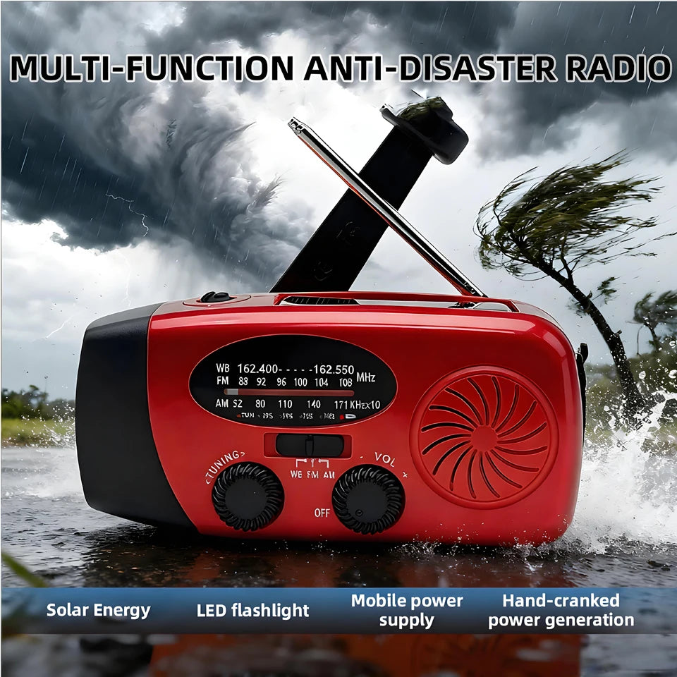 Emergency Solar Hand-Crank Radio with Flashlight and Power Bank