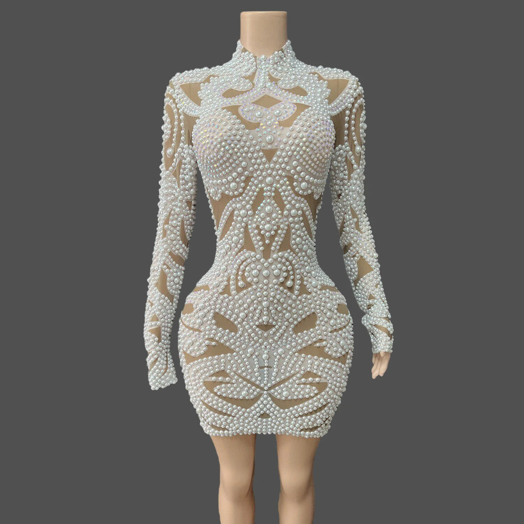 Women's Sexy Pearls Mesh Long Sleeve Bodycon Mini Dress