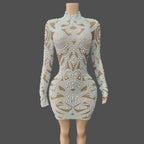 Women's Sexy Pearls Mesh Long Sleeve Bodycon Mini Dress