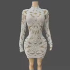 Women's Sexy Pearls Mesh Long Sleeve Bodycon Mini Dress