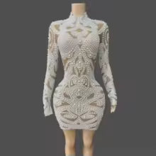 Women's Sexy Pearls Mesh Long Sleeve Bodycon Mini Dress