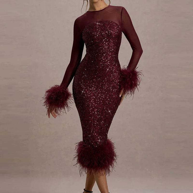 Women's Sequin Feather Patchwork Mesh Long Sleeve Dress