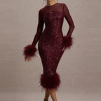 Women's Sequin Feather Patchwork Mesh Long Sleeve Dress
