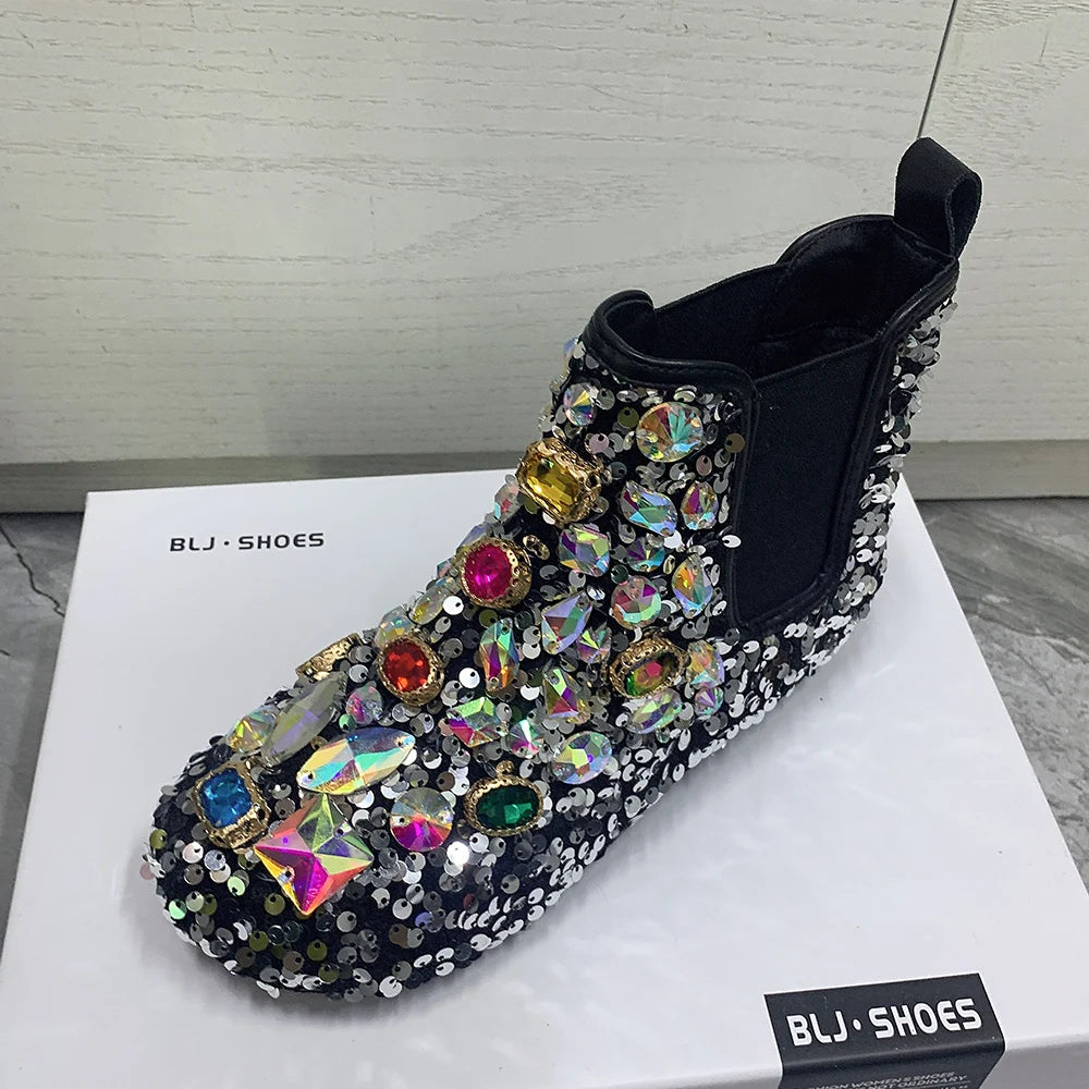 Women's Rhinestone Flat Ankle Boots Plush Winter Snow Shoes