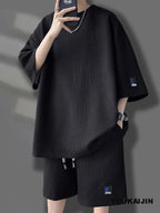 Men's Korean Summer Tracksuit Casual T-Shirt and Shorts Set Solid Color Loose Fit