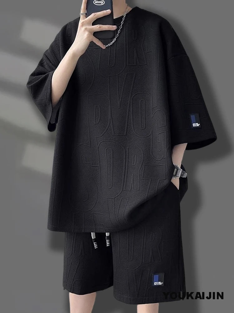 Men's Korean Summer Tracksuit Casual T-Shirt and Shorts Set Solid Color Loose Fit