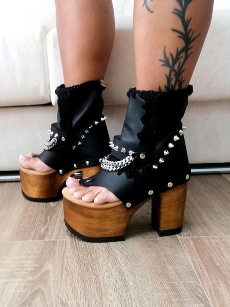 Women's Black Chain Hollow Platform Sandals Chunky Heel Peep Toe