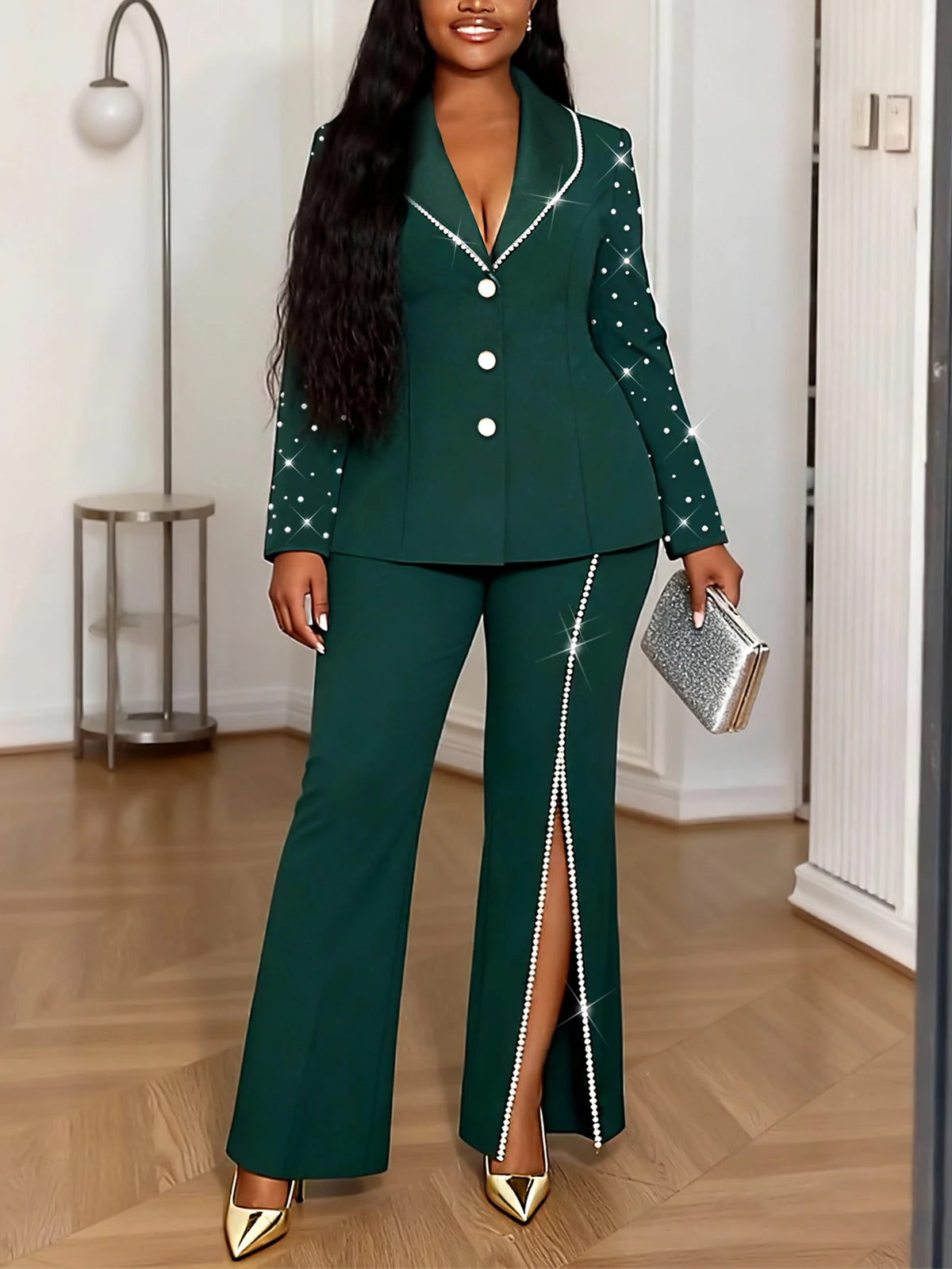 Women's Beaded Blazer and Wide Leg Pants Suit Set