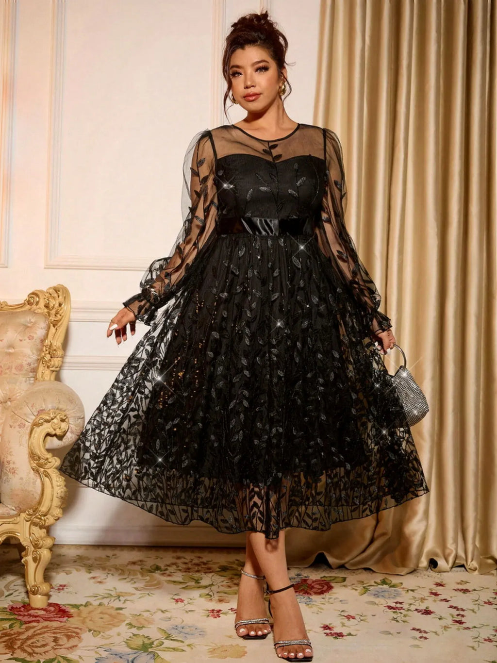 Women's Sparkling Sheer Long Sleeve Gala Dinner Dress