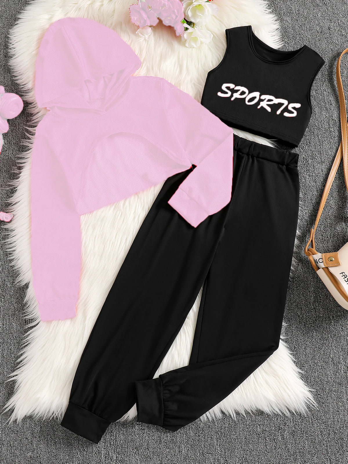 Girls' Casual Hooded Top Tank Pants Three-Piece Set
