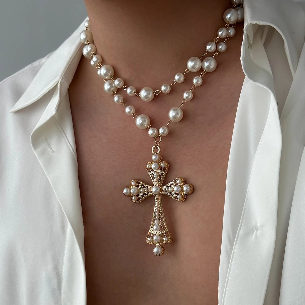 Women's Fashion Elegant Imitation Pearl Cross Pendant Necklace