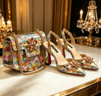 Women's Pointed Toe Rhinestone Heels and Handbag Set