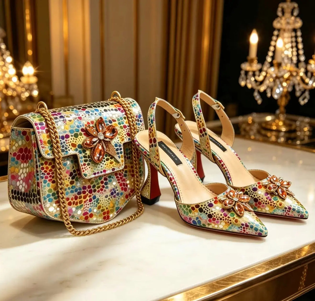 Women's Pointed Toe Rhinestone Heels and Handbag Set