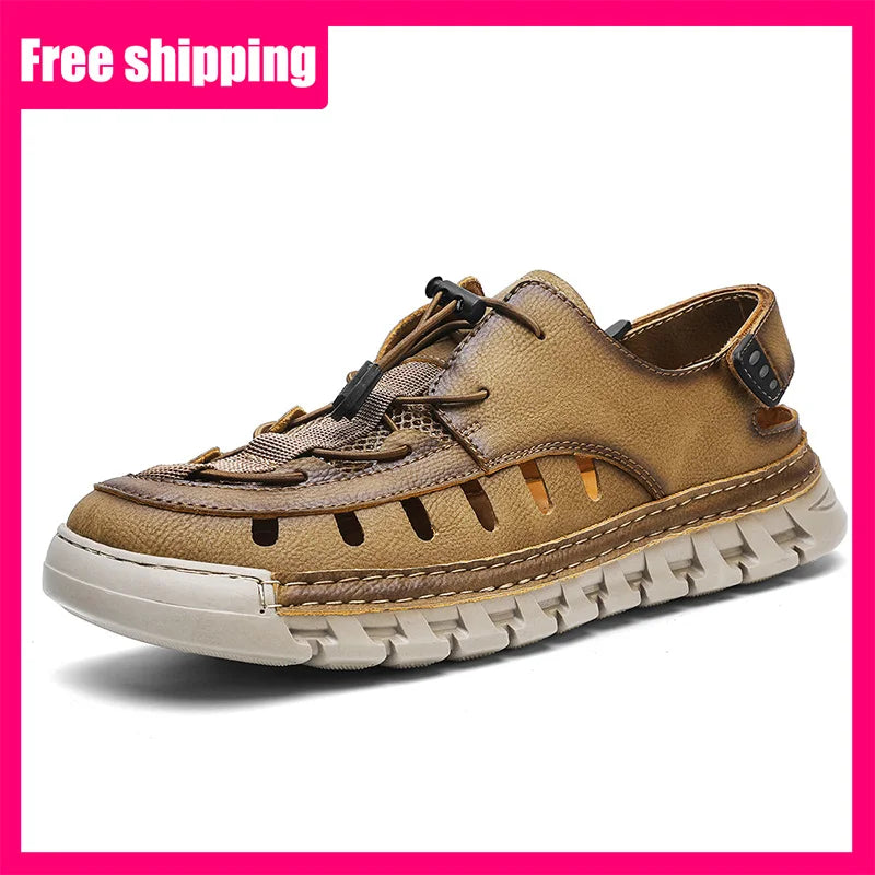 Men's Leather Breathable Outdoor Sandals Lightweight Elastic Strap Summer Beach