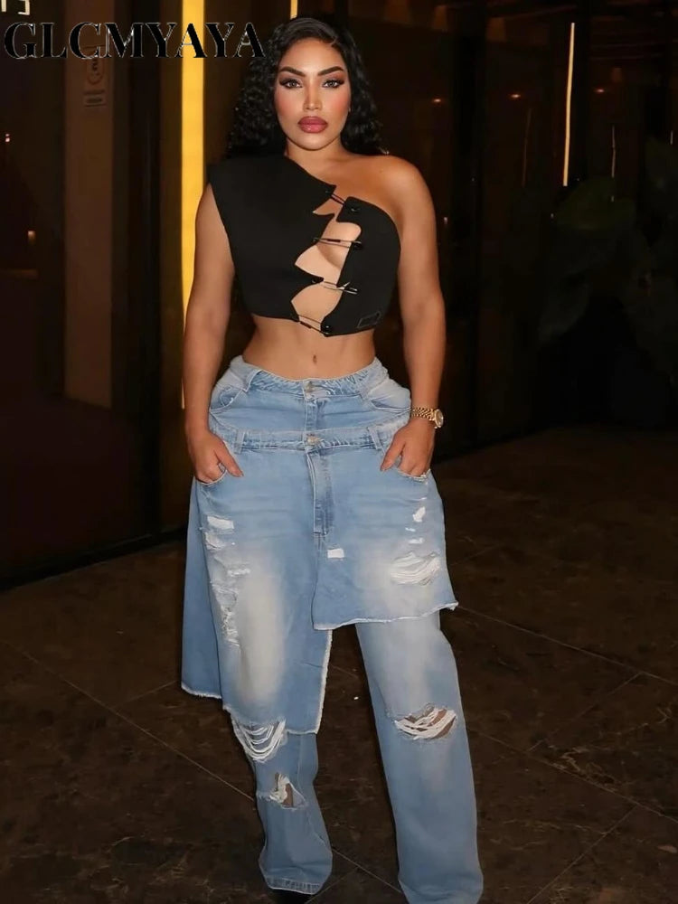 Women's Vintage High Waist Ripped Cutout Denim Jeans Pants