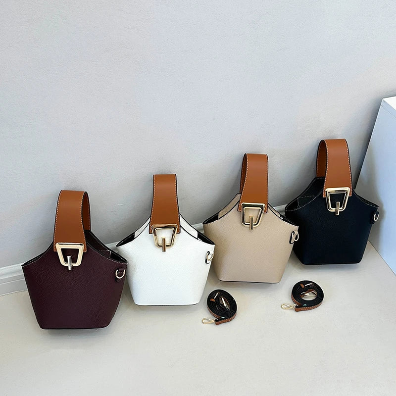 Women's Solid Bucket Shoulder Handbag Versatile Crossbody 9-inch