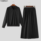 Men's Lapel Long Sleeve Sweatshirt Pants Two-Piece Set
