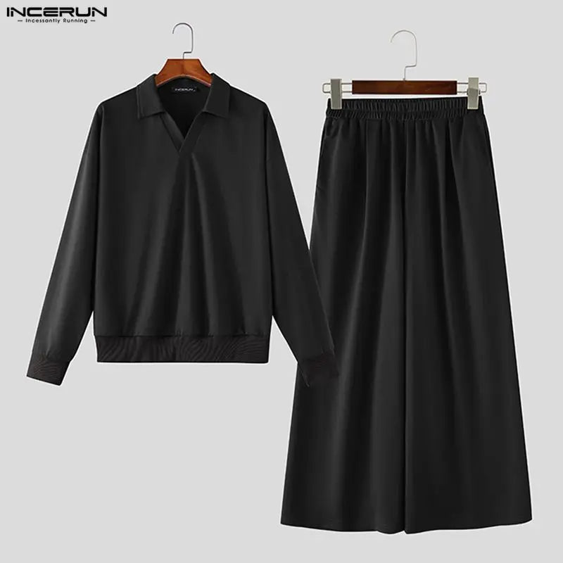 Men's Lapel Long Sleeve Sweatshirt Pants Two-Piece Set