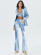 Women's Single Button Blazer and Flared Pants Suit Set
