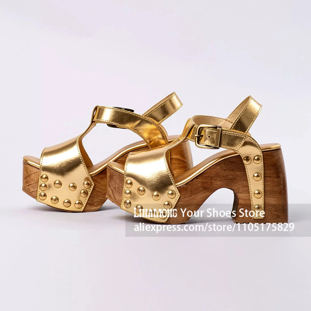 Women's Studded Wooden Block Heel Platform Sandals