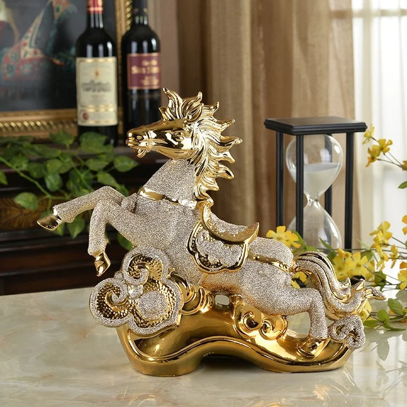 Gold Ceramic Horse Figurine and Modern Tabletop Statue