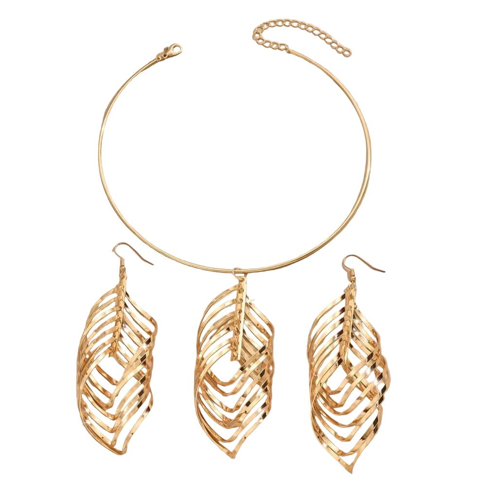 Women's Fashion Elegant Fringed Leaf Collar Necklace and Earrings Jewelry Set