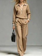 Women's Half Zipper Striped Sweatshirt Wide Leg Pants Set