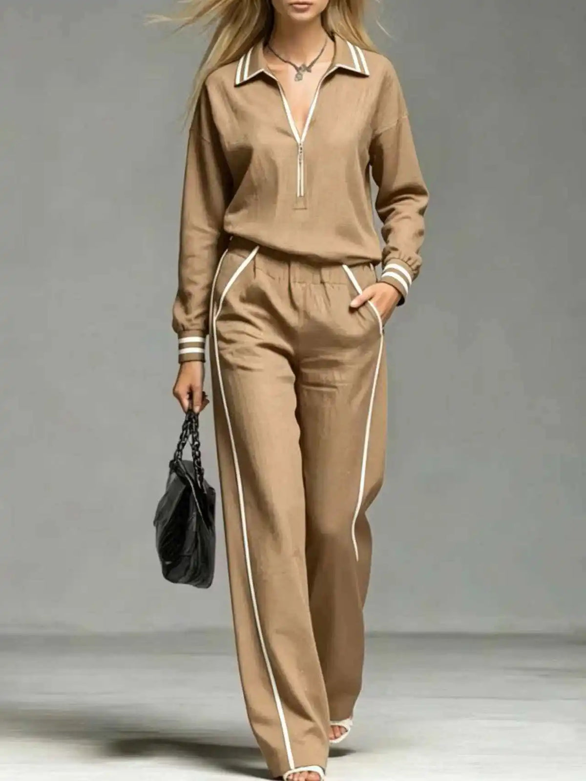 Women's Half Zipper Striped Sweatshirt Wide Leg Pants Set