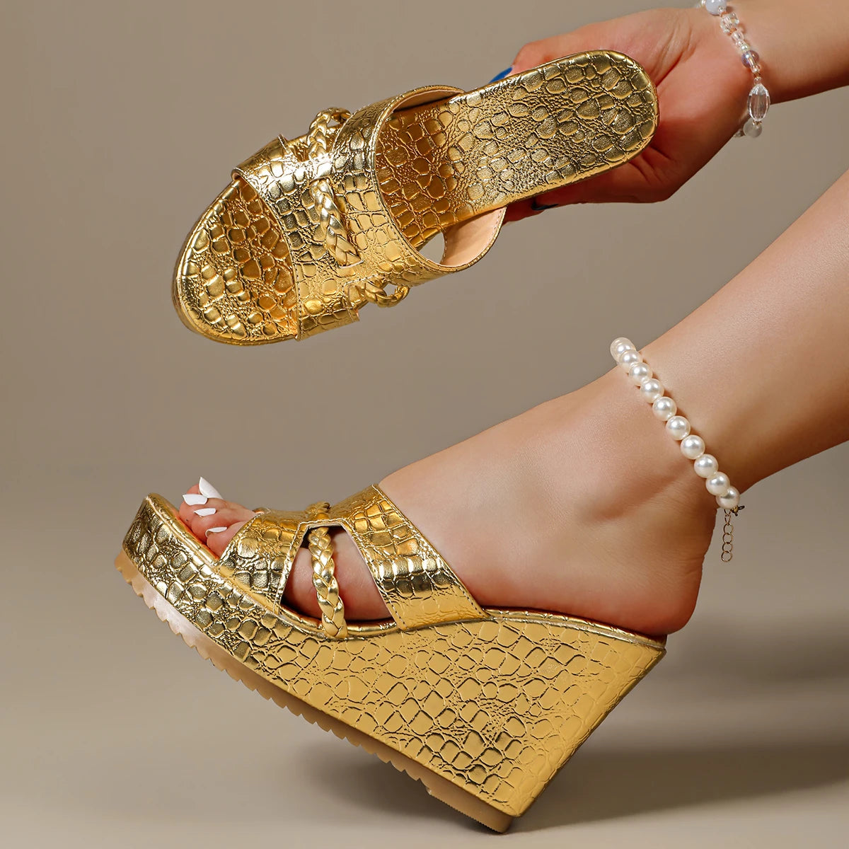 Women's Fashion Crocodile Print Platform Wedge Heel Slide Sandals