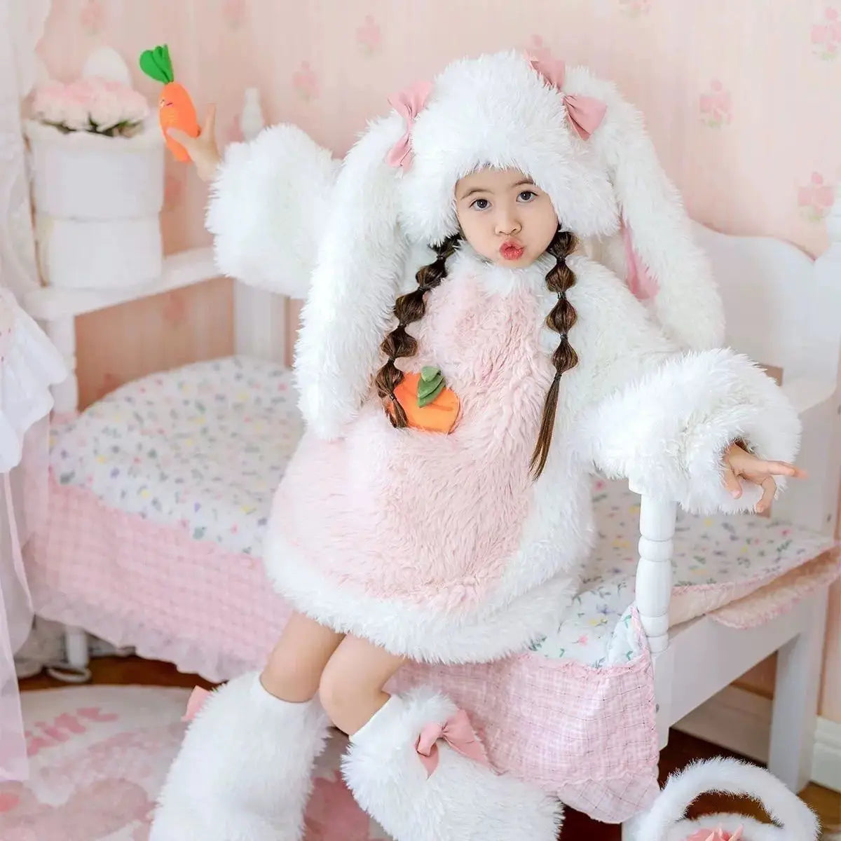Kids' Cartoon Plush Rabbit Cosplay Costume Winter Warm Set