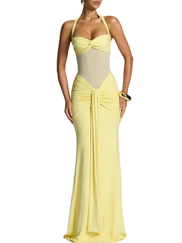 Women's Sexy Mesh Patchwork Halter Ruched Maxi Dress