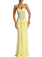 Women's Sexy Mesh Patchwork Halter Ruched Maxi Dress