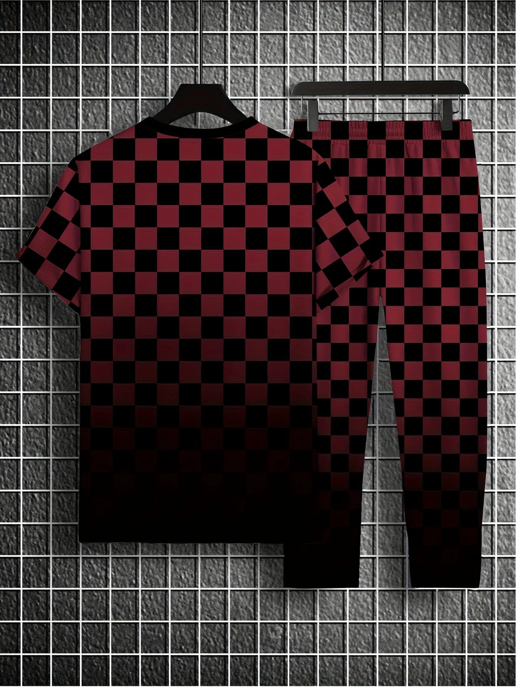 Men's Casual Check Print Short Sleeve T-Shirt and Pants Set