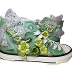 Women's High-Top Canvas Shoes Floral Embroidery Bow Green Handmade Casual
