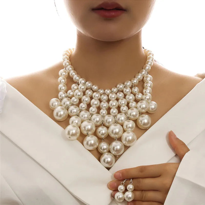 Ethnic Style Simulated Pearl Jewelry Set with Tassel Necklace Earrings