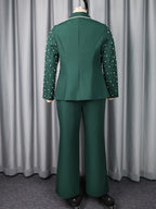 Women's Beaded Blazer and Wide Leg Pants Suit Set