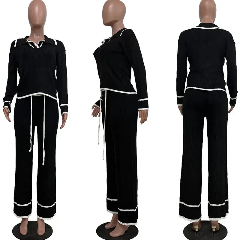 Women's Striped Sweater Wide Leg Pants Two-Piece Set
