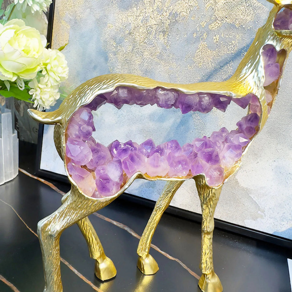 Golden Deer Crystal Figurine and Amethyst Statue