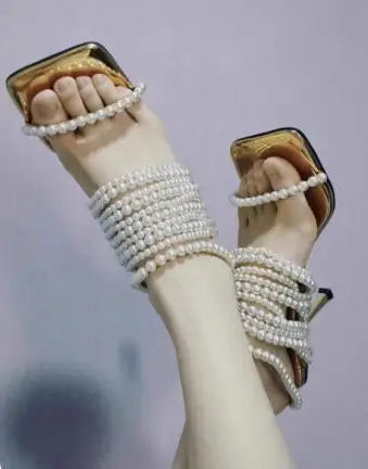 Women's Pearl Beading Square Open Toe High Heel Mules