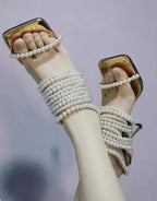 Women's Pearl Beading Square Open Toe High Heel Mules