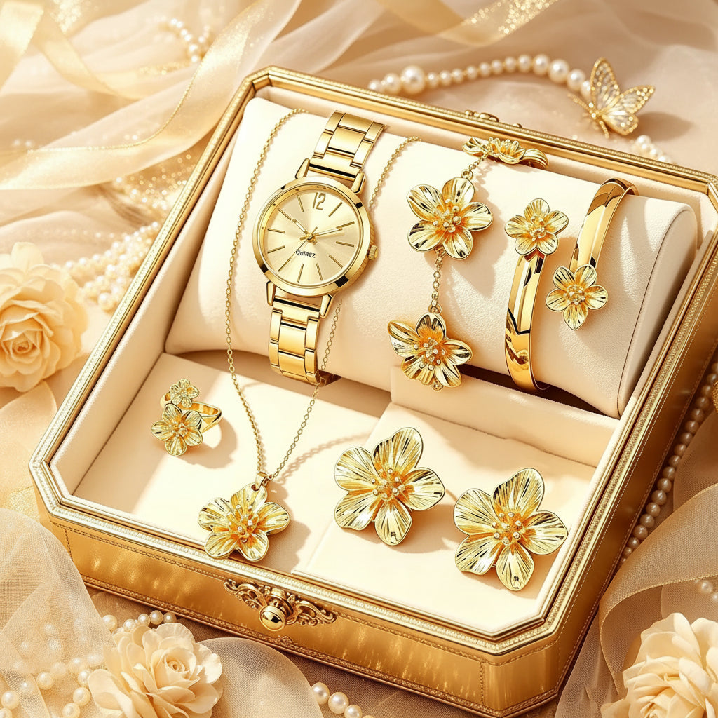 Ladies Quartz Watch and Jewelry Set Flower Design Gold