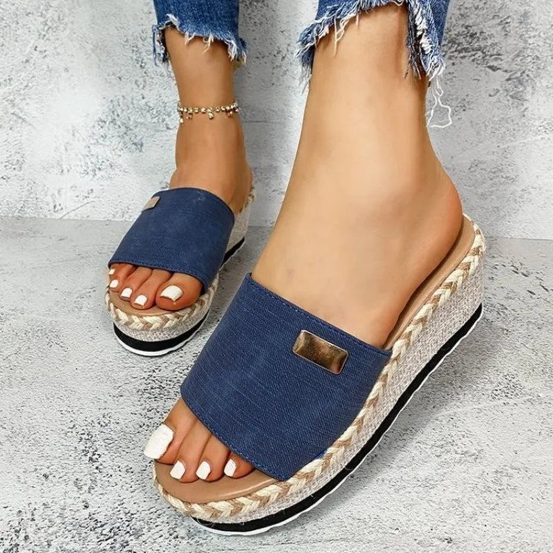 Women's Platform Wedge Sandals Casual Slip-On Mules Open Side