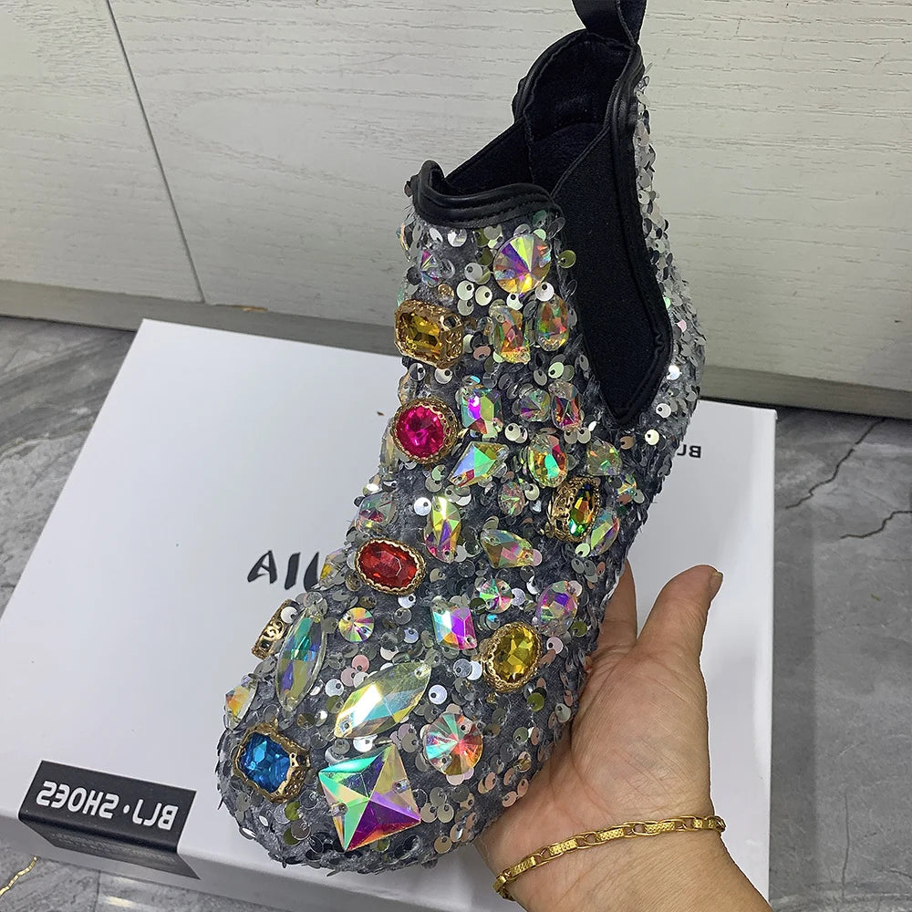 Women's Rhinestone Flat Ankle Boots Plush Winter Snow Shoes