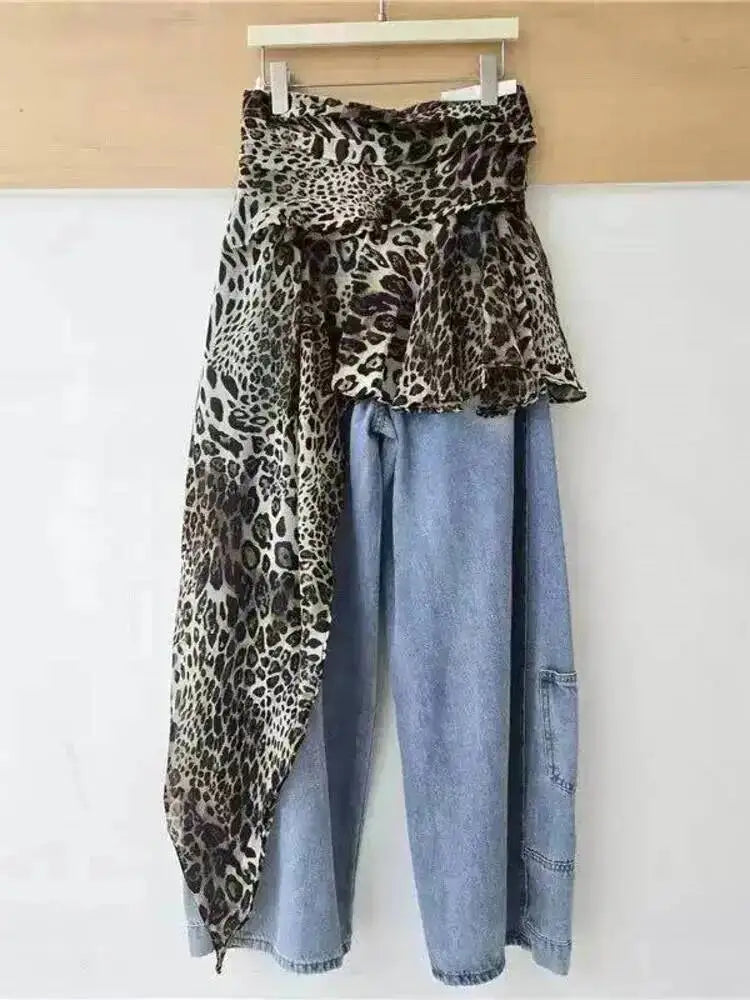 Women's Leopard Patchwork Baggy Loose Wide Leg Jeans