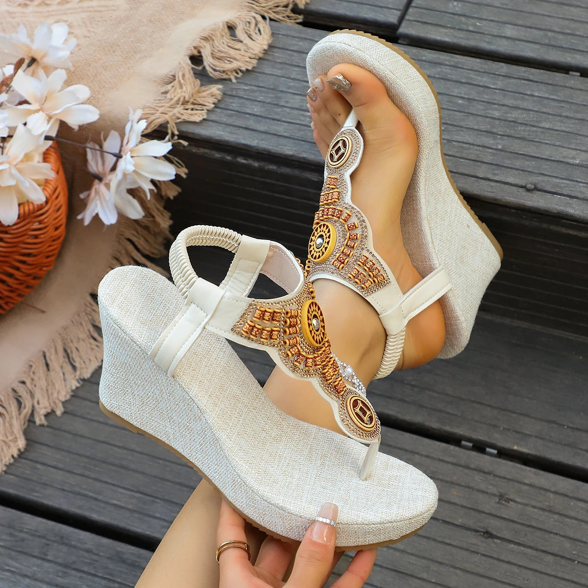 Vintage Rivet Decor Wedge Sandals for Women Ankle Buckle